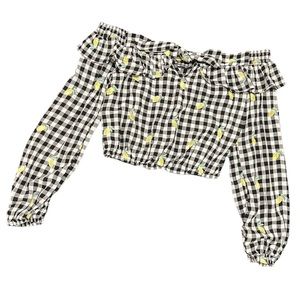 🏁🍋Black & White Off-Shoulder Checkered Crop Top